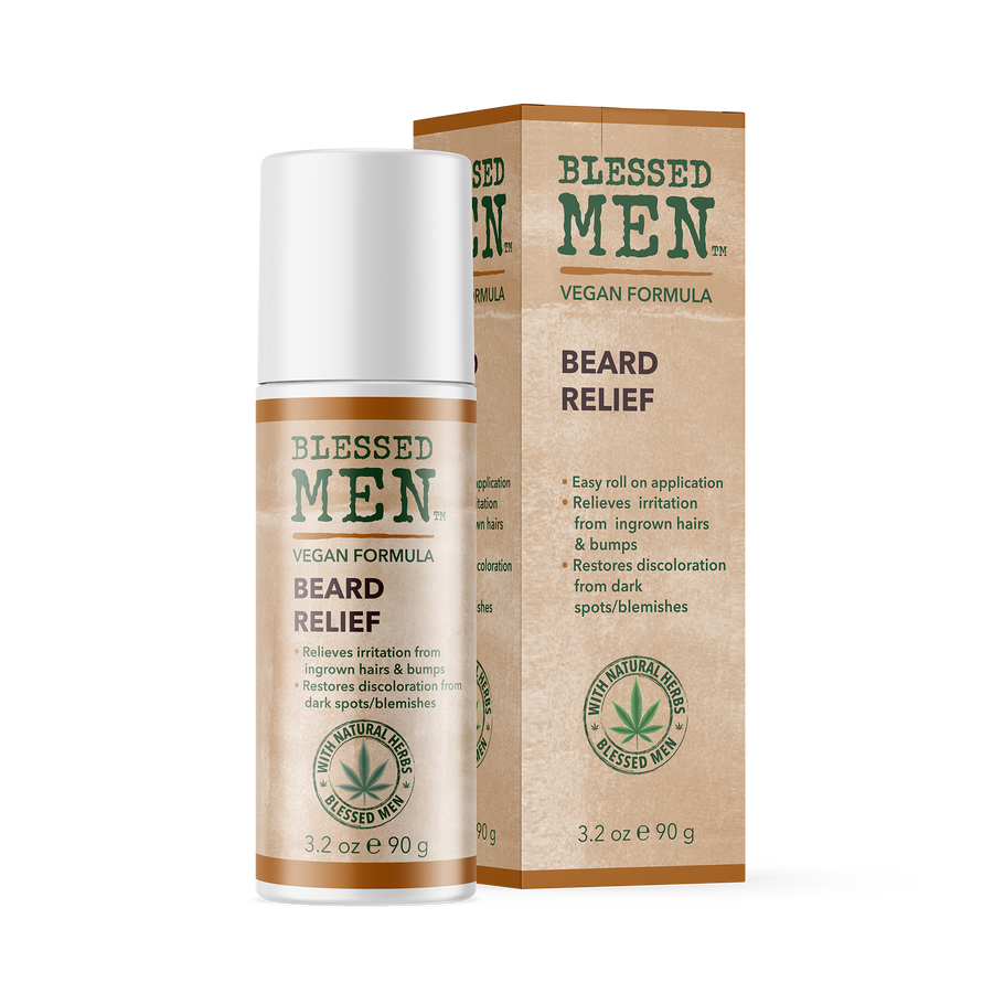 Beard RelIef Product Next to Boxed Packaging 